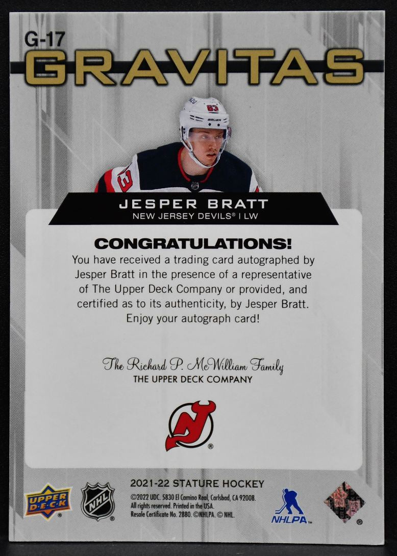 2021-22 UD Stature Gravitas Autographs Jesper Bratt G-17 New Jersey Devils Auto