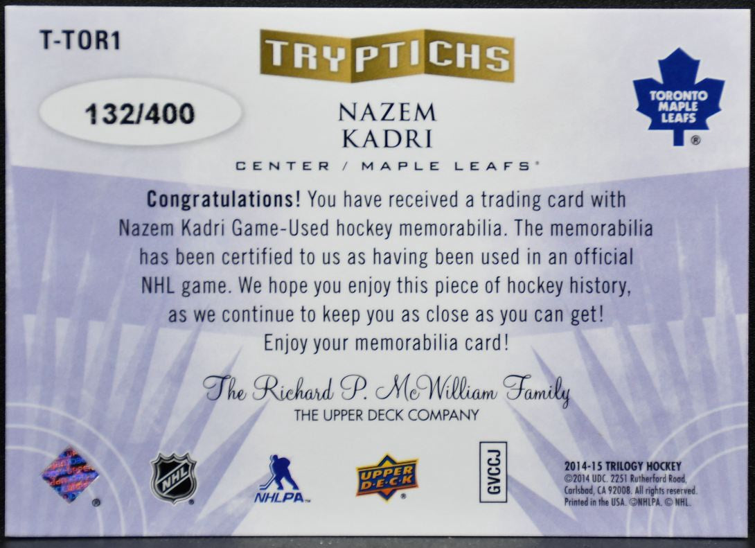2014-15 UD Trilogy Tryptichs Jersey Nazem Kadri Maple Leafs /400 Jersey 1822