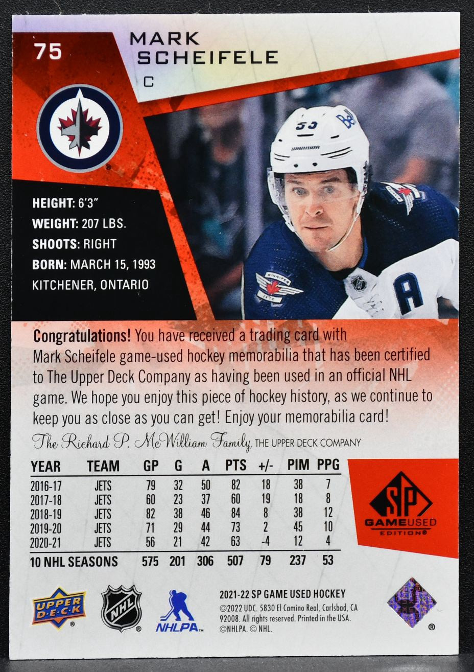 2021-22 SP Game Used Red Jersey Mark Scheifele 75 Winnipeg Jets Jersey 3390