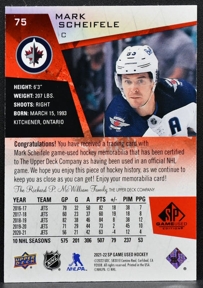 2021-22 SP Game Used Red Jersey Mark Scheifele 75 Winnipeg Jets Jersey 3390