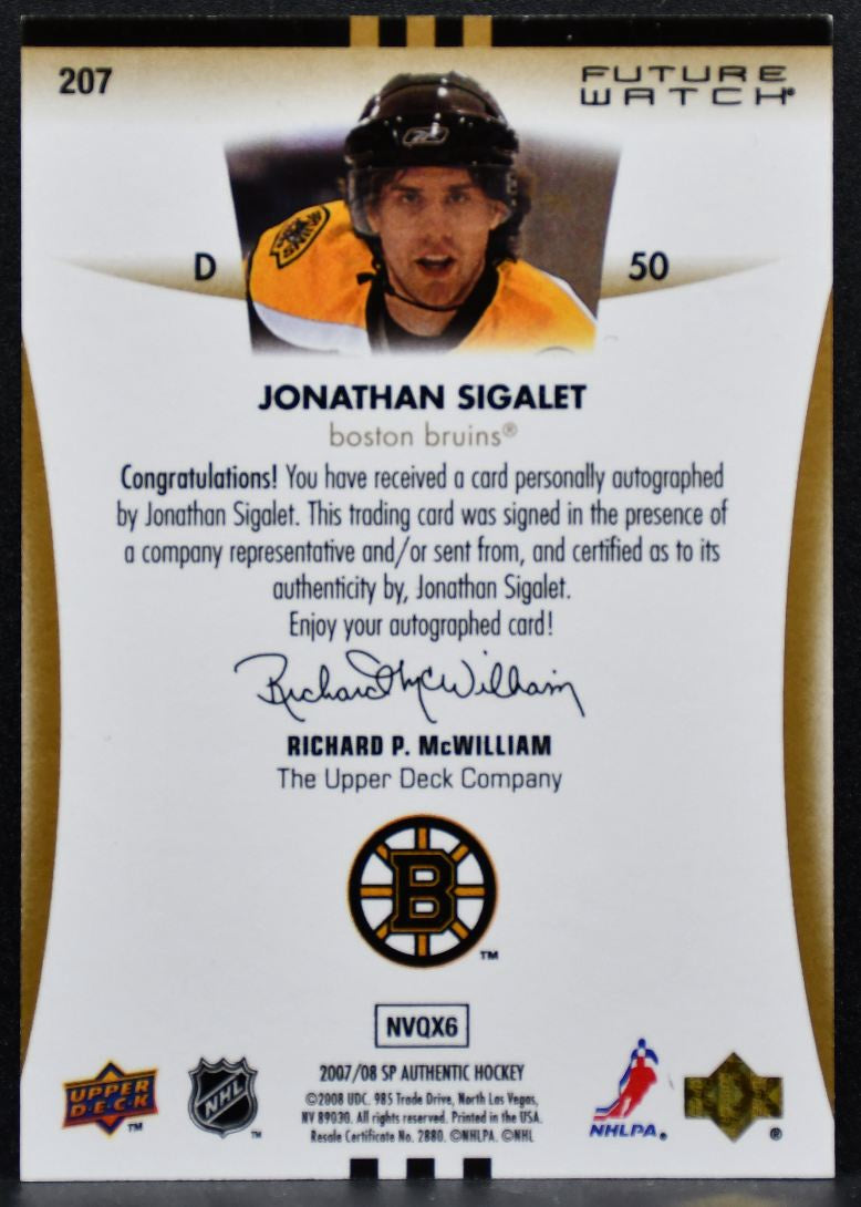 2007-08 SP Authentic Future Watch Auto Jonathan Sigalet RC Auto 904/999 3708