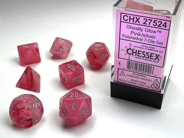 Ghostly Glow 7-Die Set Pink / Silver Chessex Dice (CHX27524)