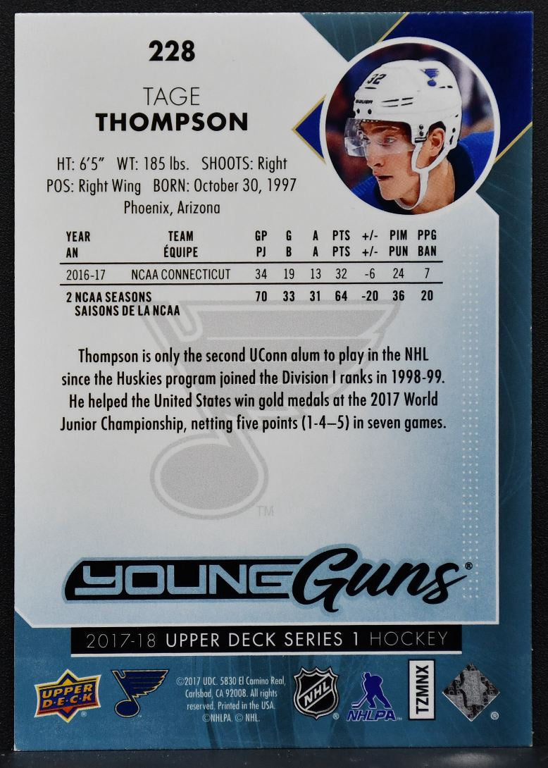 2017-18 Upper Deck Series 1 Young Guns Tage Thompson 228 St. Louis Blues RC 8389