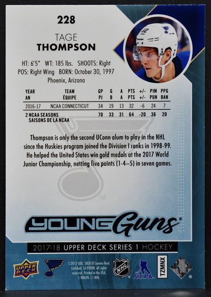 2017-18 Upper Deck Series 1 Young Guns Tage Thompson 228 St. Louis Blues RC 8389