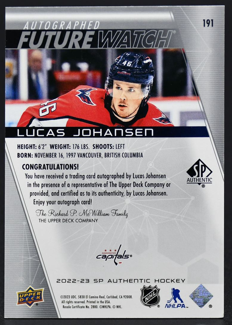 2022-23 SP Authentic Lucas Johansen 191 Washington Capitals RC Auto 395/999