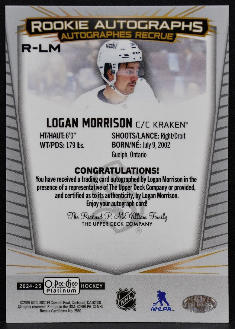 2024-25 O-Pee-Chee Platinum Rookie Auto Logan Morrison R-LM Kraken RC Auto 6788
