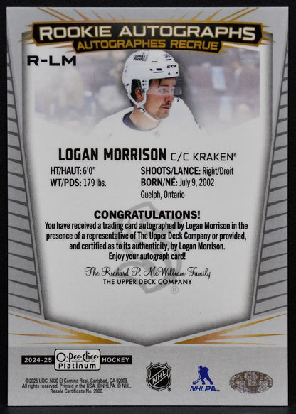 2024-25 O-Pee-Chee Platinum Rookie Auto Logan Morrison R-LM Kraken RC Auto 6788