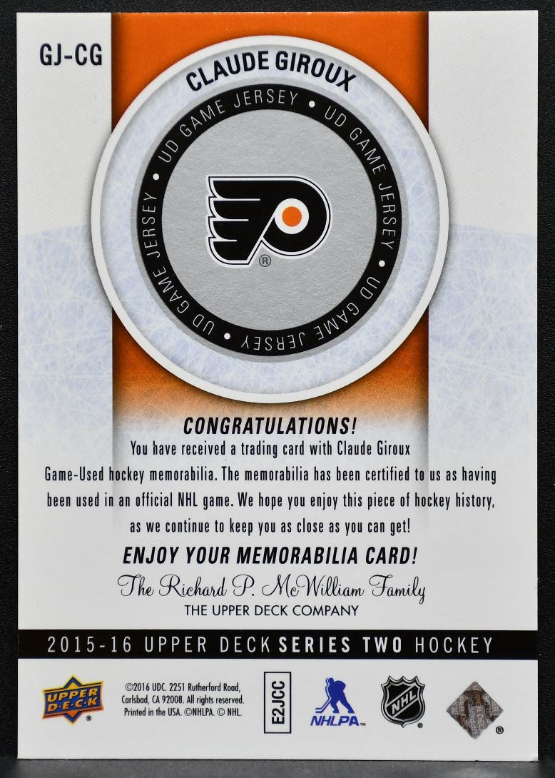 2015-16 Upper Deck Series 2 UD Game Jerseys Claude Giroux Flyers Jersey 8575