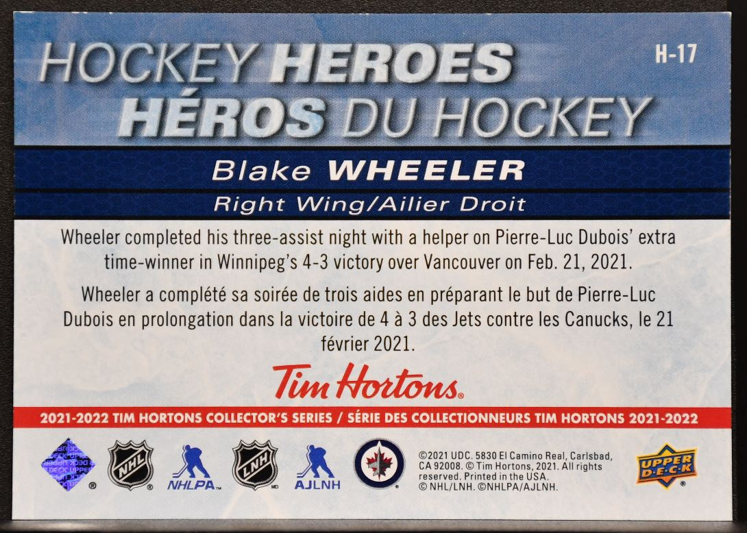 2021-22 Upper Deck Tim Hortons Hockey Heroes Blake Wheeler H-17 Winnipeg Jets 6323