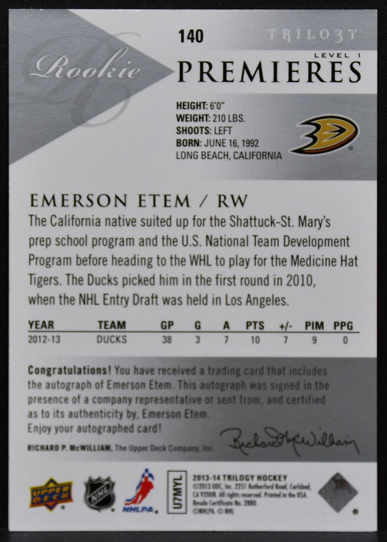 2013-14 UD Trilogy Rc Premieres Auto Emerson Etem 140 Ducks RC Auto 365/699 1882