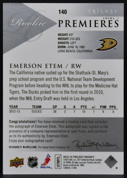 2013-14 UD Trilogy Rc Premieres Auto Emerson Etem 140 Ducks RC Auto 365/699 1882
