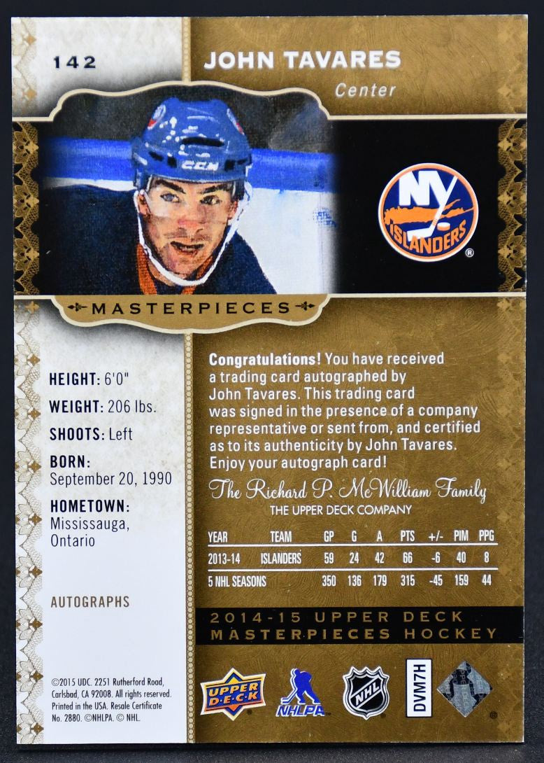 2014-15 UD Masterpieces John Tavares 142 Auto