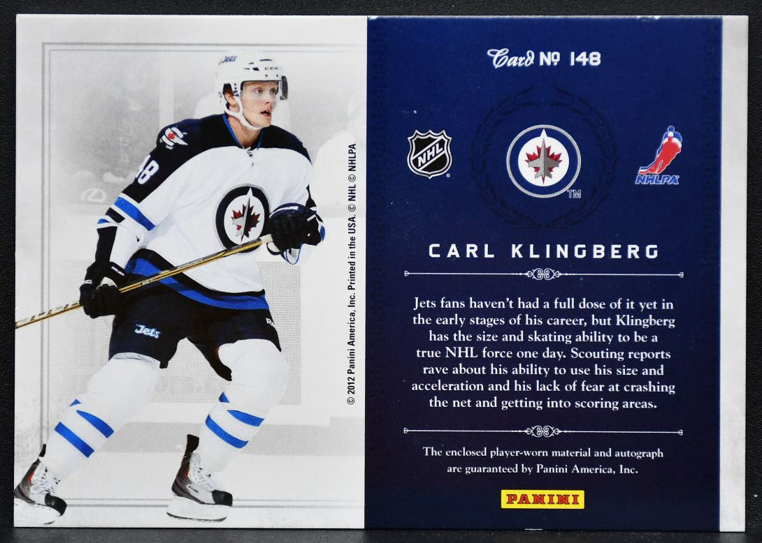 2011-12 Panini Anthology  Klingberg Winnipeg Jets RC Auto 415 /499 Jersey 0478
