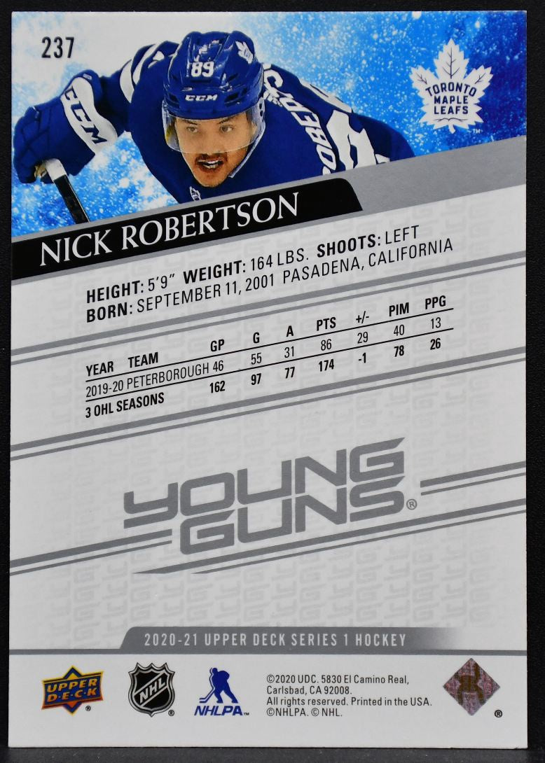2020-21 Upper Deck Series 1 Young Guns Nick Robertson 237 Toronto Maple Leafs RC 7093