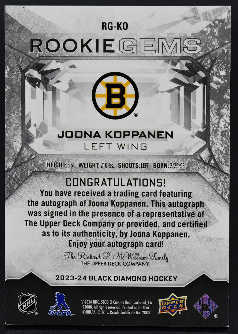 2023-24 UD Black Diamond Rookie Gems Signatures Green Koppanen Bruins RC Auto /5
