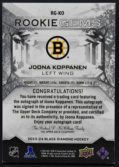 2023-24 UD Black Diamond Rookie Gems Signatures Green Koppanen Bruins RC Auto /5