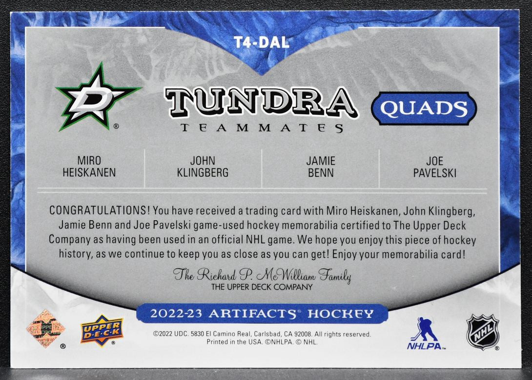 2022-23 UD Artifacts Tundra Heiskanen/Klingberg/Benn/Pavelski Jersey 3932
