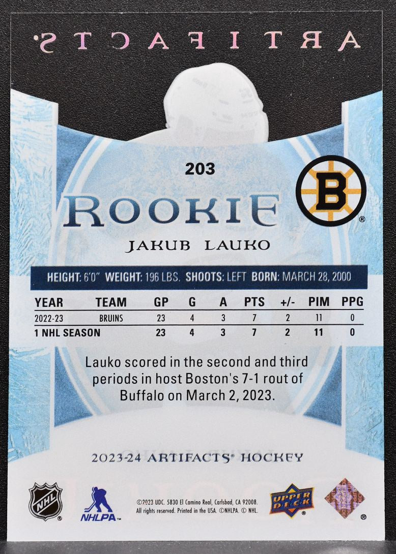 2023-24 UD Artifacts Update 2022-23 Clear Cut Rookie Jakub Lauko Bruins RC 2935