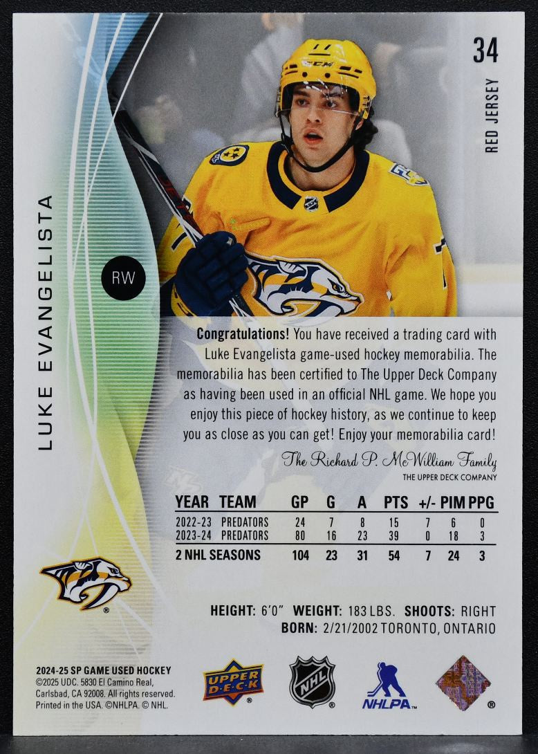 2024-25 SP Game Used Red Jersey Luke Evangelista 34 Predators Jersey 7927