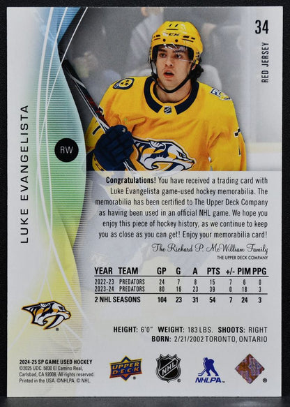 2024-25 SP Game Used Red Jersey Luke Evangelista 34 Predators Jersey 7927