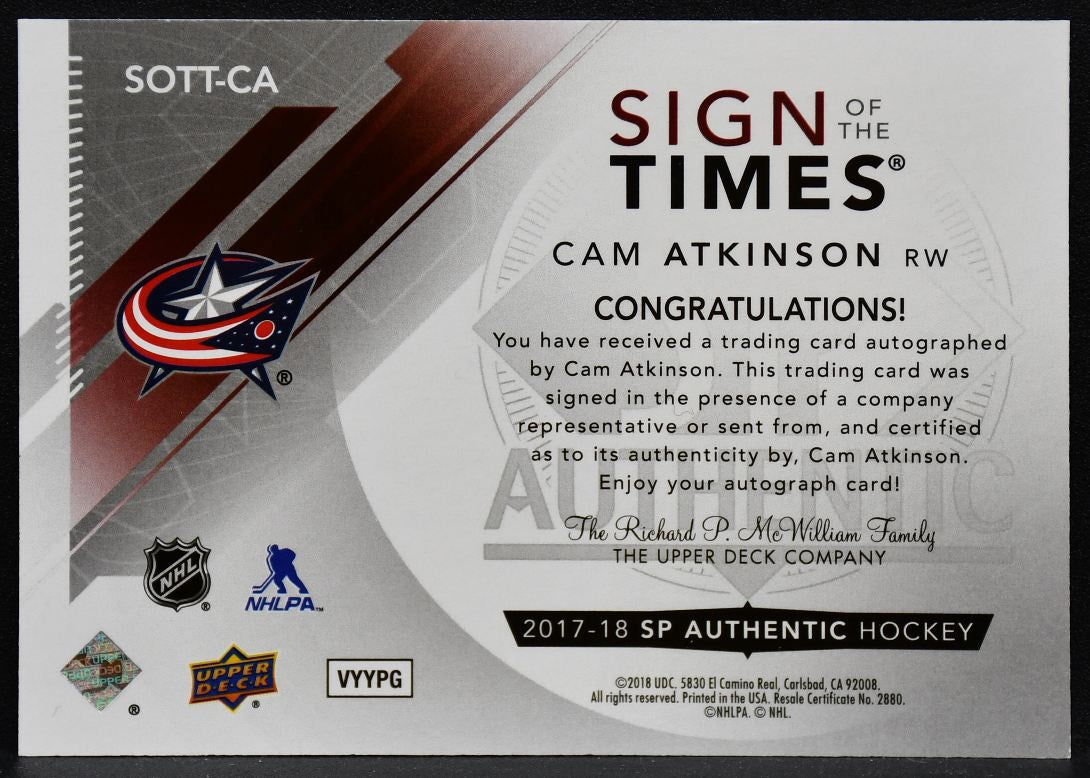 2017-18 SP Authentic Sign of the Times Atkinson SOTT-CA Blue Jackets Auto 6030