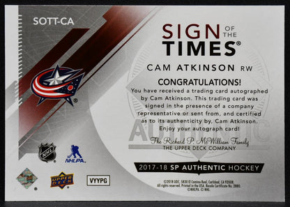 2017-18 SP Authentic Sign of the Times Atkinson SOTT-CA Blue Jackets Auto 6030