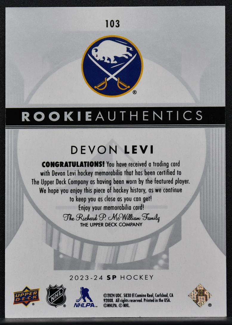 2023-24 SP Rookie Authentics Devon Levi 103 Buffalo Sabres Jersey 7840