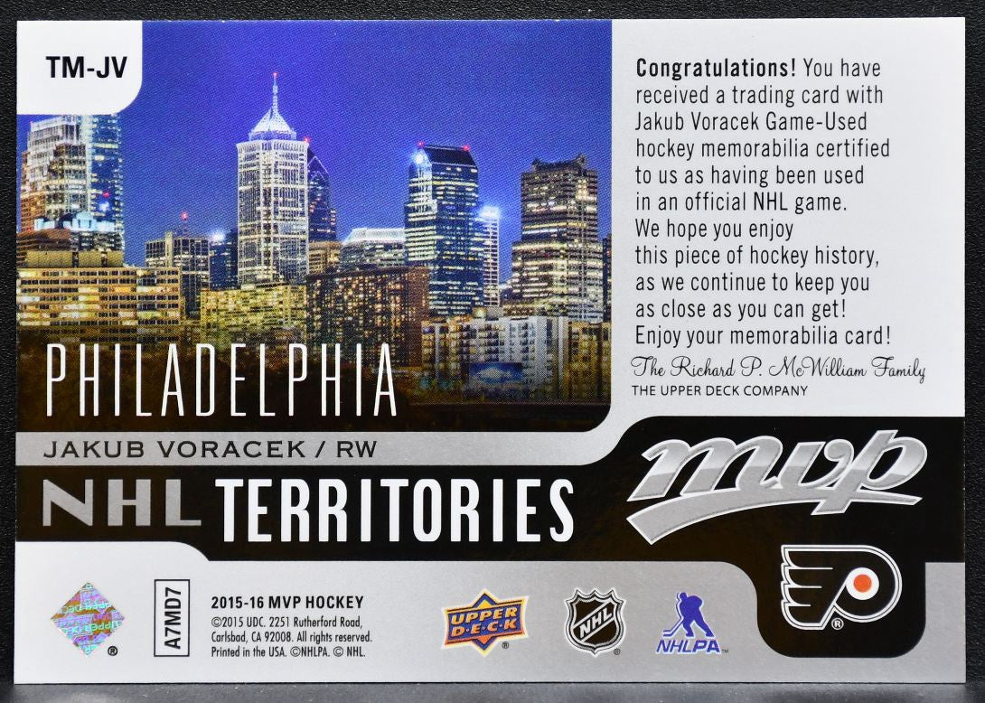 2015-16 UD MVP NHL Territories Jersey Jakub Voracek TM-JV Flyers Jersey 2974