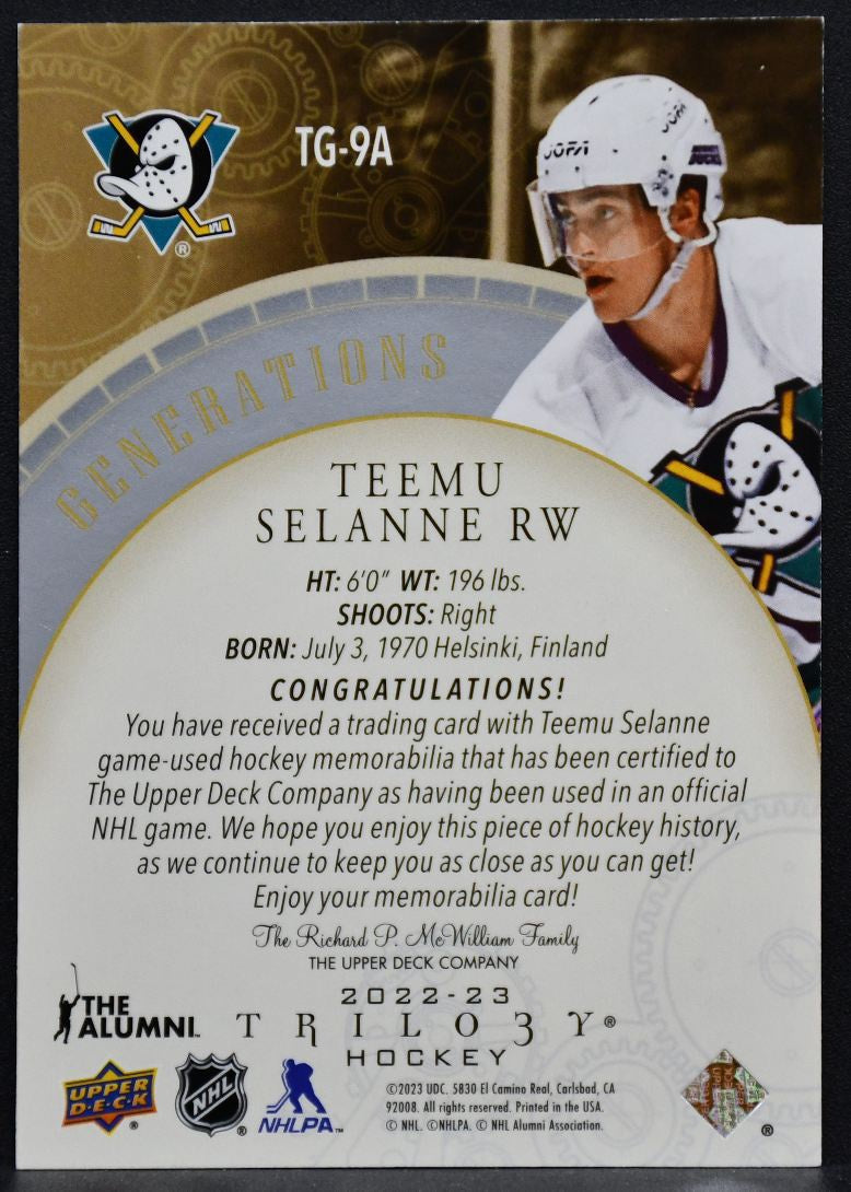 2022-23 Upper Deck Trilogy Generations Teemu Selanne TG-9A Anaheim Ducks Jersey 6485