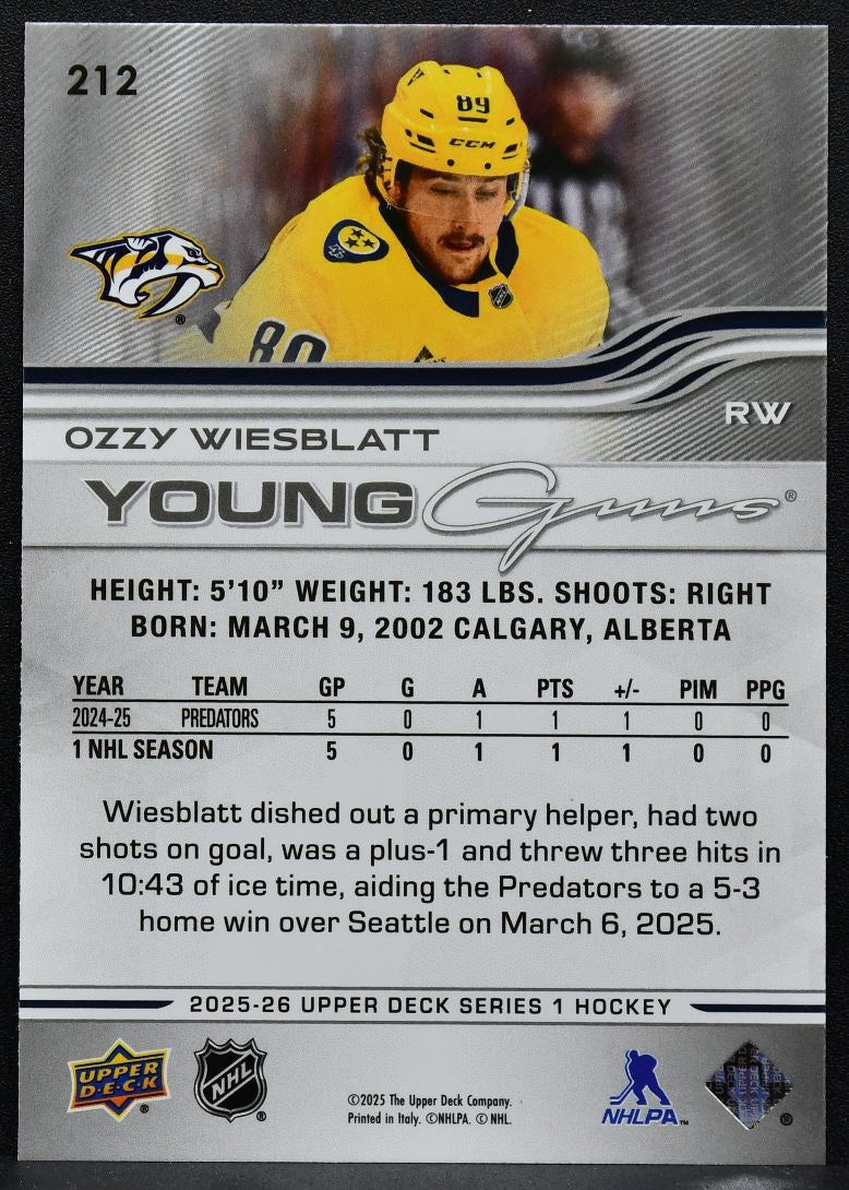 2025-26 Upper Deck Series 1 Young Guns Ozzy Wiesblatt 212 Nashville Predators RC 9645