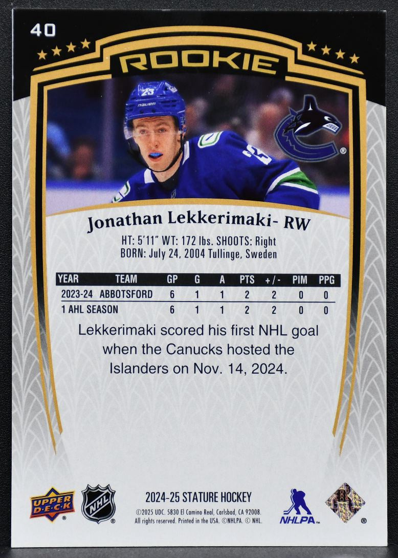 2024-25 Upper Deck Stature Rookie Jonathan Lekkerimaki 40 RC 866/999 7602