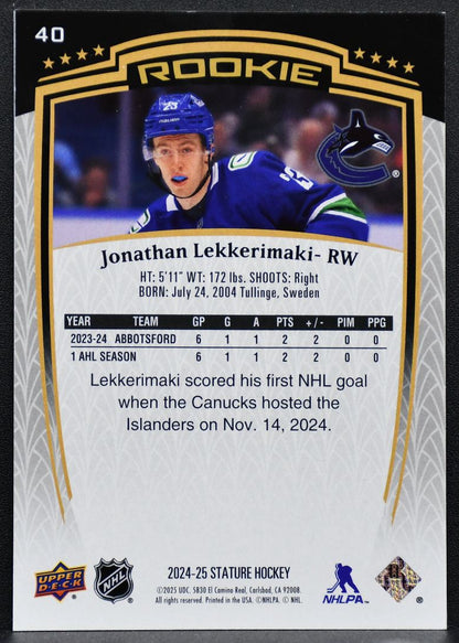 2024-25 Upper Deck Stature Rookie Jonathan Lekkerimaki 40 RC 866/999 7602