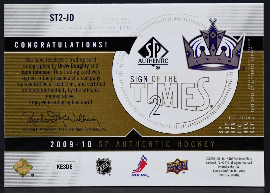 2009-10 SP Authentic Sign of the Times 2 Drew Doughty/Jack Johnson ST2-JD Auto