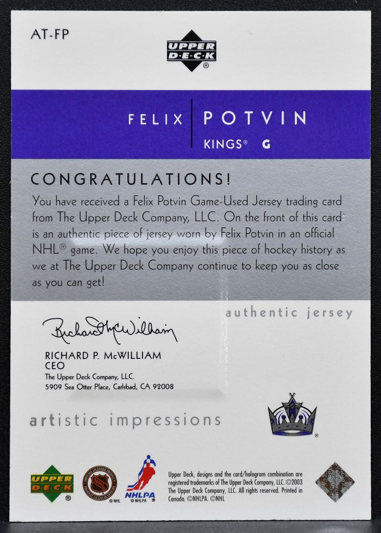 2002-03 UD Artistic Impressions Artist's Touch Felix Potvin 063/499 Jersey 0578