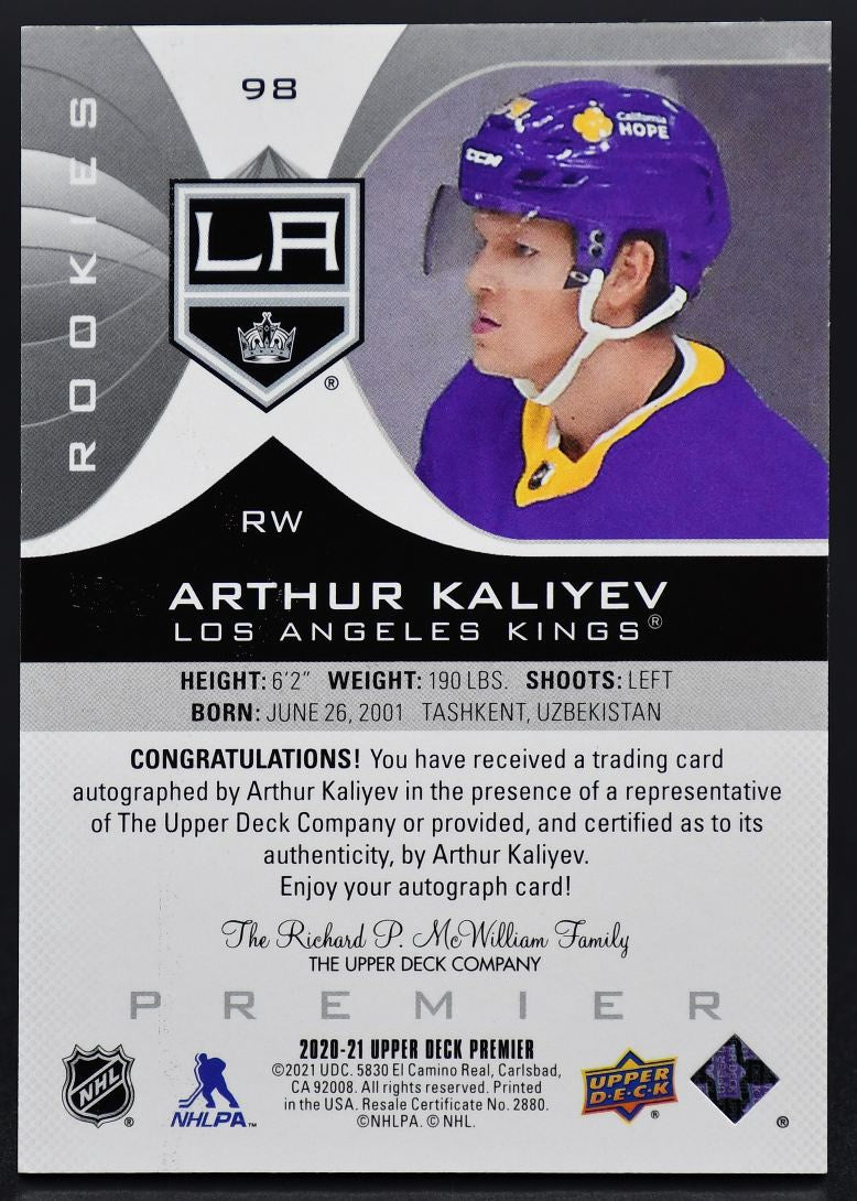 2020-21 UD Premier Silver Spectrum Arthur Kaliyev 98 Los Angeles Kings Auto