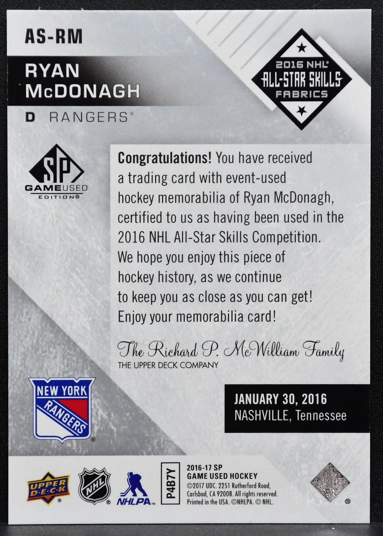 2016-17 SP Game Used 2016 All-Star Skills Fabrics McDonagh Rangers Jersey 4701