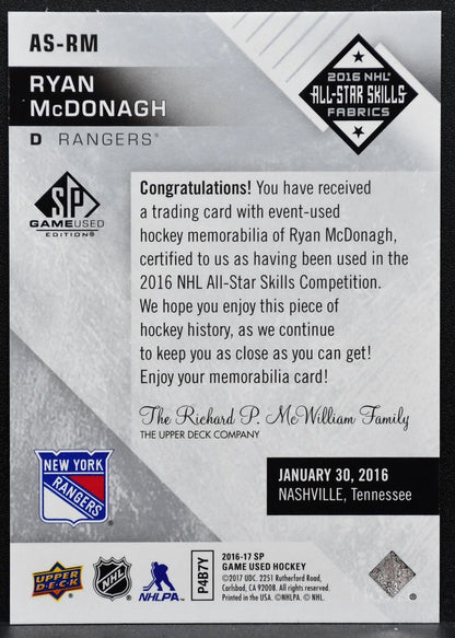 2016-17 SP Game Used 2016 All-Star Skills Fabrics McDonagh Rangers Jersey 4701