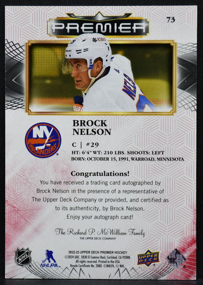 2022-23 UD Premier Auto Brock Nelson 73 New York Islanders Auto