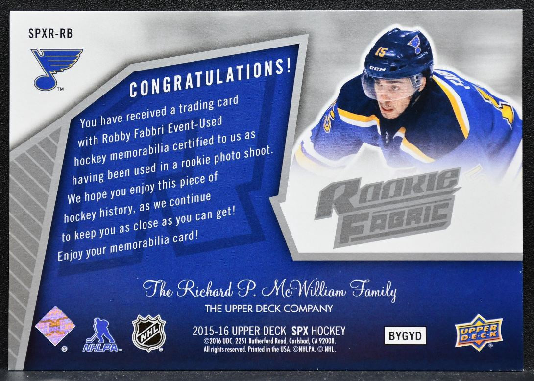 2015-16 SPx 2005-06 Retro Rookie Fabrics Robby Fabbri Blues RC Jersey 6403