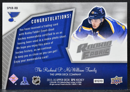 2015-16 SPx 2005-06 Retro Rookie Fabrics Robby Fabbri Blues RC Jersey 6403