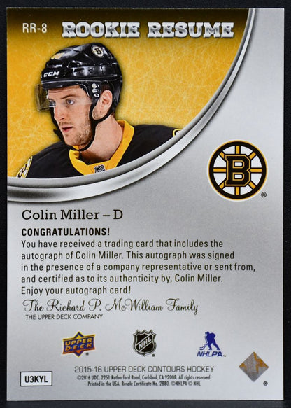 2015-16 UD Contours RC Resume Gold Rainbow Colin Miller RR-8 Bruins RC Auto 8065