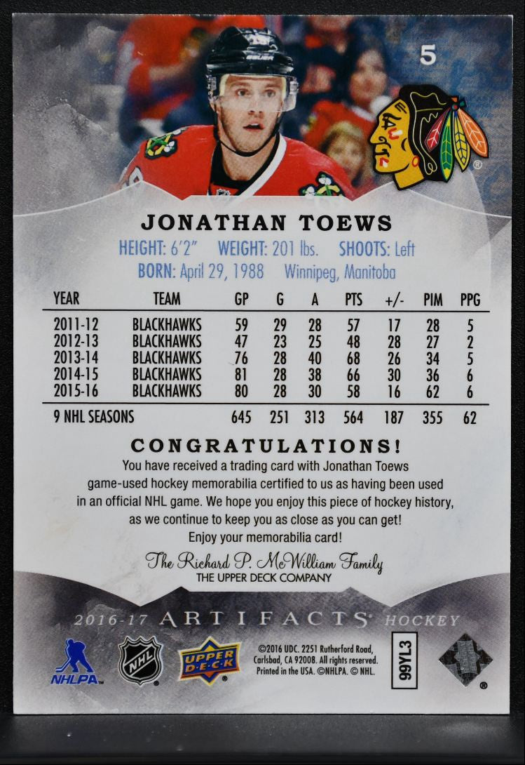 2016-17 UD Artifacts Materials Silver Jonathan Toews 103/125 Jersey 0955