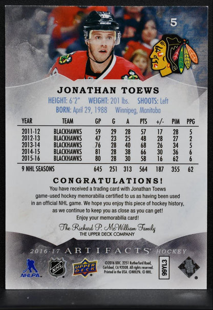 2016-17 UD Artifacts Materials Silver Jonathan Toews 103/125 Jersey 0955