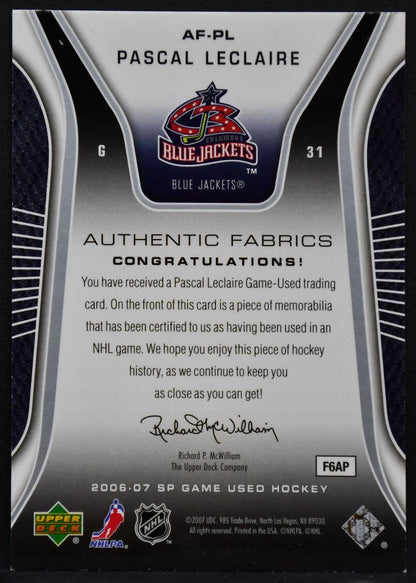 2006-07 SP Game Used Authentic Fabrics Pascal Leclaire AF-PL Blue Jackets Jersey 2486