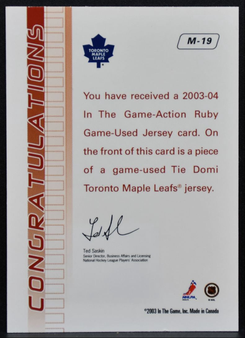 2003-04 In The Game Action Jerseys Tie Domi M-19 Toronto Maple Leafs Jersey 5241