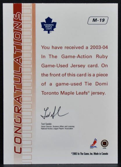 2003-04 In The Game Action Jerseys Tie Domi M-19 Toronto Maple Leafs Jersey 5241