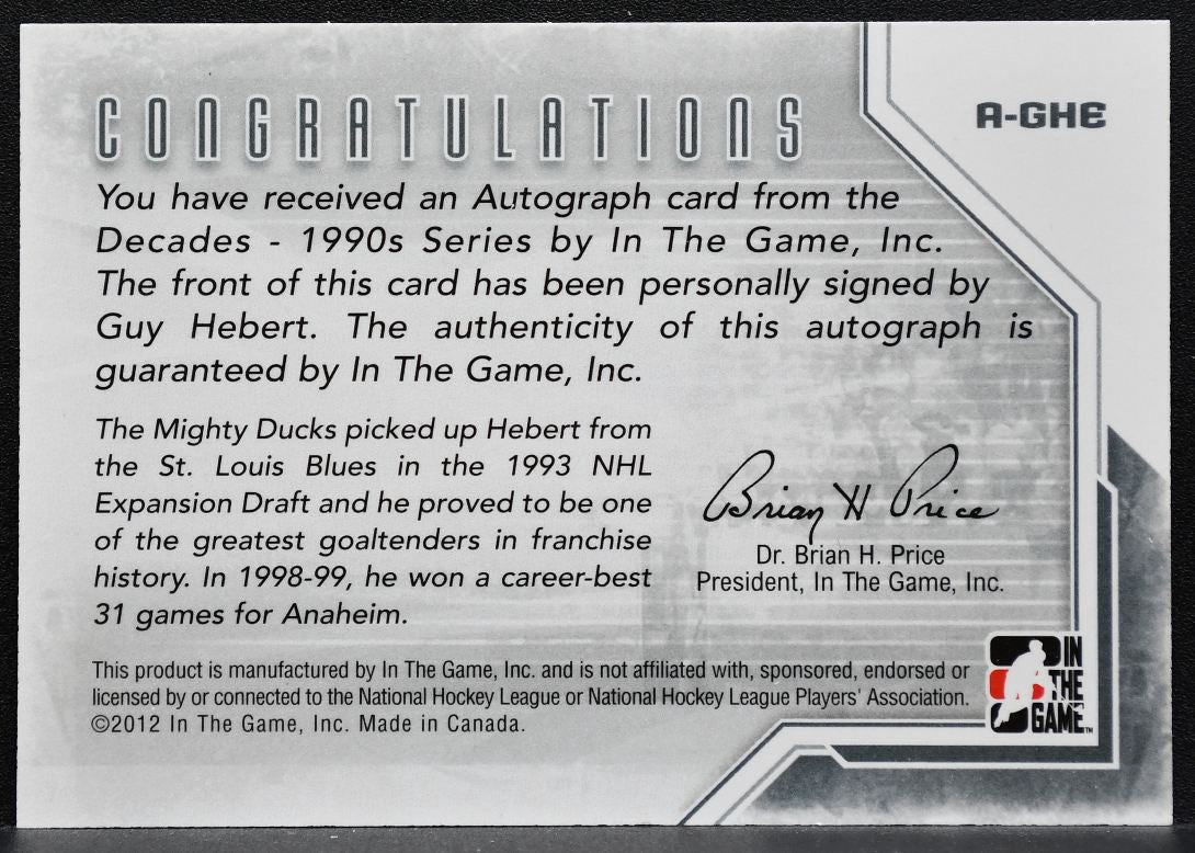 2012-13 In The Game Decades 1990s Autograph Guy Hebert A-GHE Auto 9150