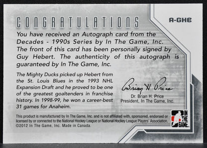 2012-13 In The Game Decades 1990s Autograph Guy Hebert A-GHE Auto 9150