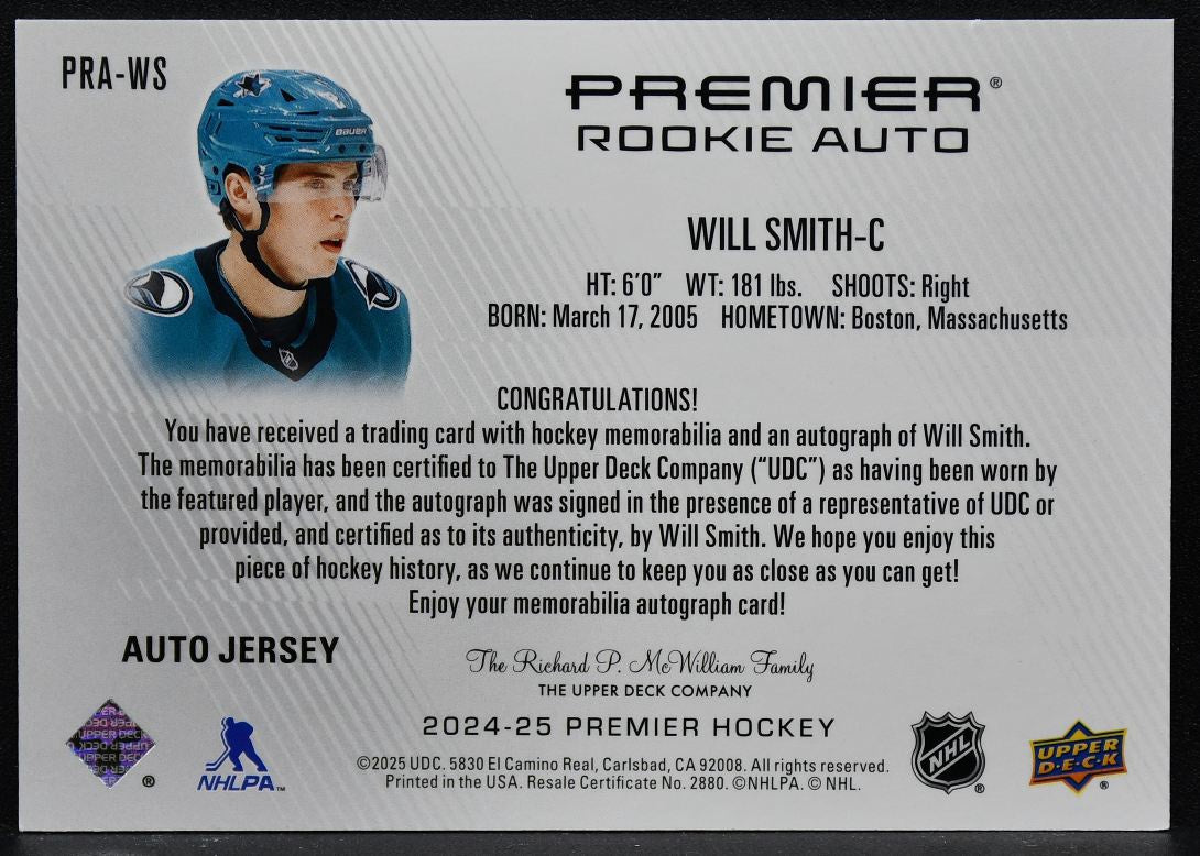 2024-25 Upper Deck Premier Rookie Auto Will Smith PRA-WS RC Auto Jersey 2606
