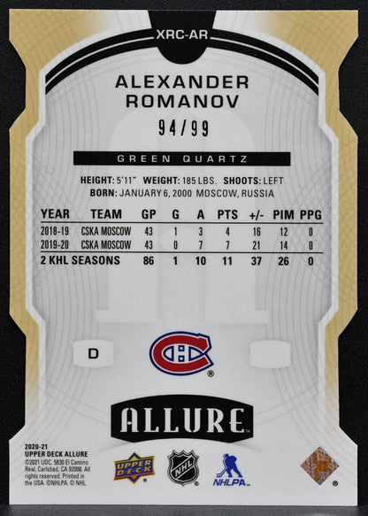 2020-21 UD Allure Rookie Green Quartz Alexander Romanov Canadiens RC 94/99 8358